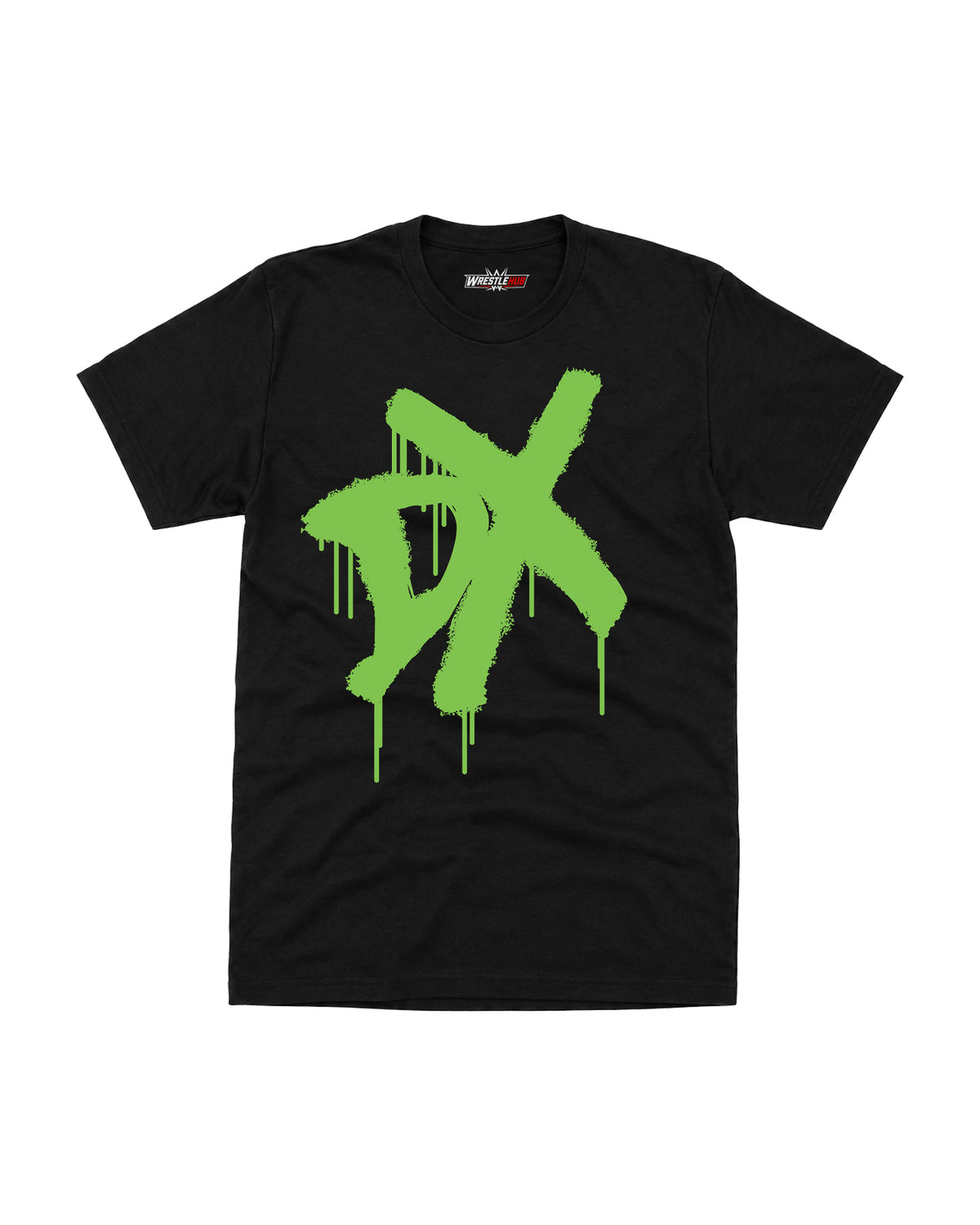 Neon green X wrestling inspired black graphic T-shirt with dripping paint artwork front view | WrestleHub