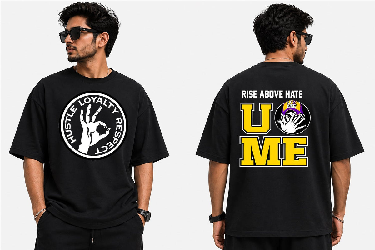 A man modeling a black graphic T-shirt shown from both front and back against a light gray studio background. The front has a white circular 'Loyalty U Me' graphic on the chest, and the back has a large yellow 'U ME' graphic with white text above it.