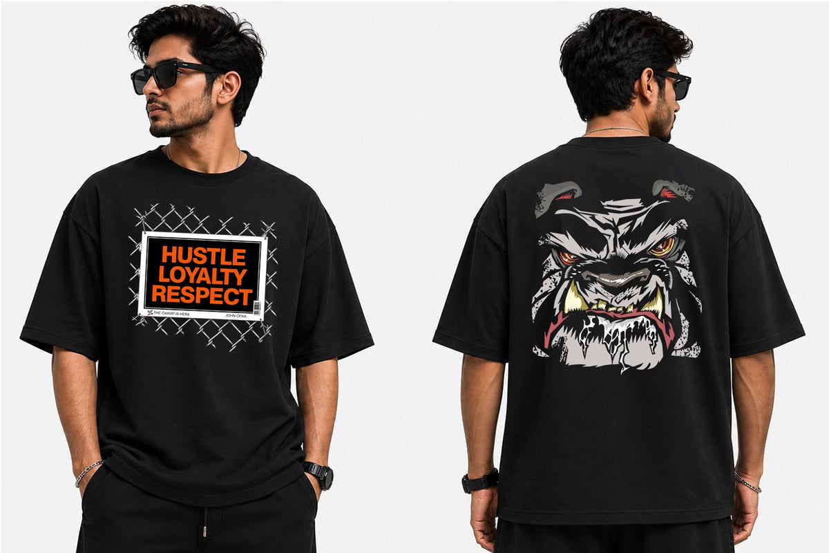 A man modeling a black graphic T-shirt from both the front and back views against a light gray background. The front features a white chain-link graphic with orange and yellow text reading 'HUSTLE LOYALTY RESPECT'.