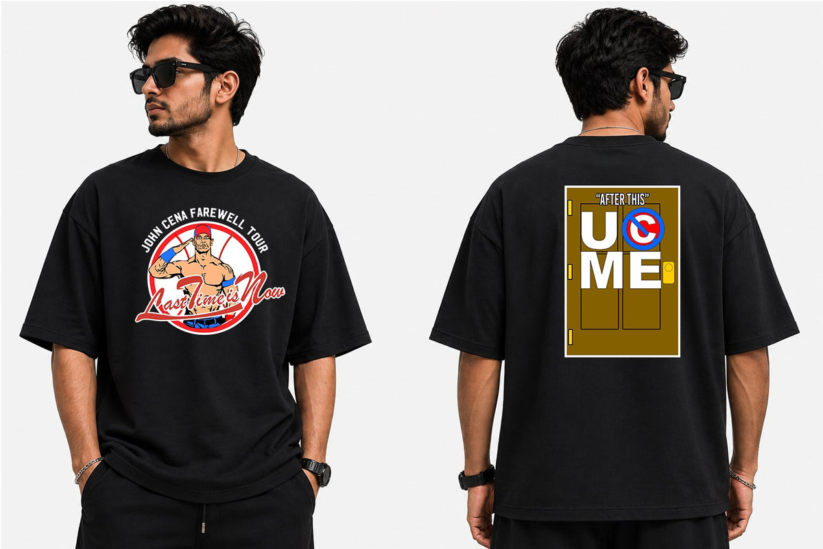 A man modeling a black graphic t-shirt from both the front and back views against a light gray background. The front features a circular 'San Diego Fairwinds Club' graphic, and the back features a large graphic that reads 'SIT DOWN! UC ME!'.