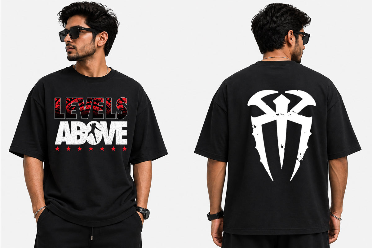 A man modeling a black graphic T-shirt shown from both front and back against a light gray studio background. The front has red and white text reading 'LEVELS ABOVE' with a small silhouette graphic, and the back has a large white abstract emblem.