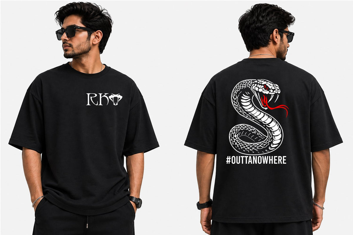 A man modeling a black short-sleeve t-shirt from both the front and back views. The front features a white 'RBY' logo with a diamond graphic on the left chest.