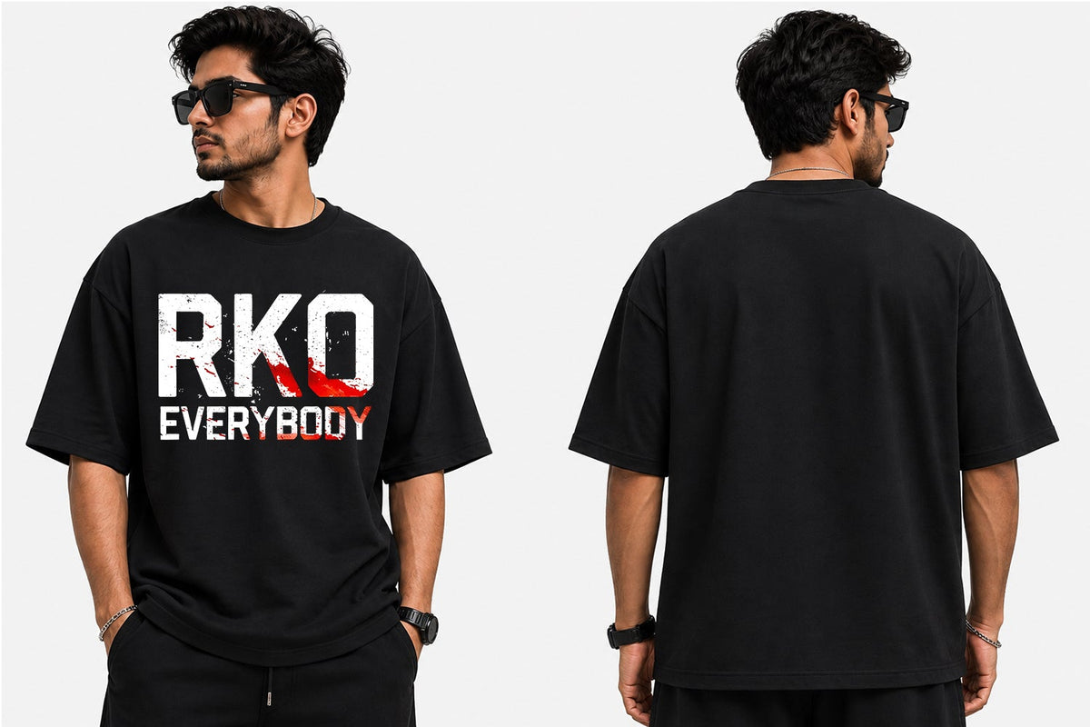 The design combines the “RKO Everybody” concept with a dramatic distressed and blood-effect visual treatment. Bold typography and rugged graphic details create an aggressive, high-impact wrestling-inspired aesthetic designed for fans who prefer darker streetwear styles.
