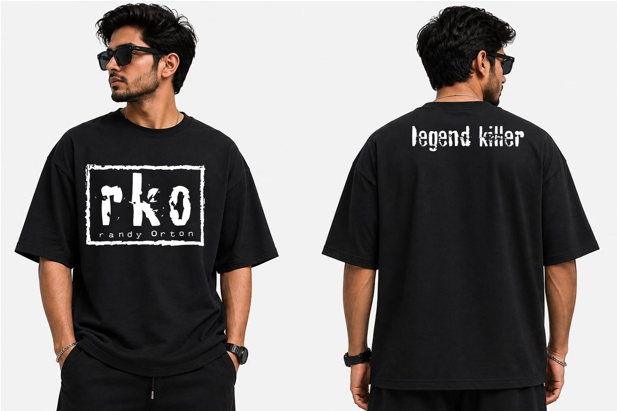 A man modeling a black graphic T-shirt from the front and back against a light gray studio background. The front shows a large distressed white 'rko' logo with 'KASHMIR' underneath, and the back shows 'legend killer' in white text across the shoulders.