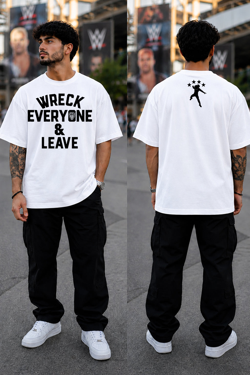 A man shown from the front and back wearing a white graphic t-shirt. The front features the text 'WRECK EVERYONE & LEAVE' in black, and the back features a black silhouette of a person with stars.