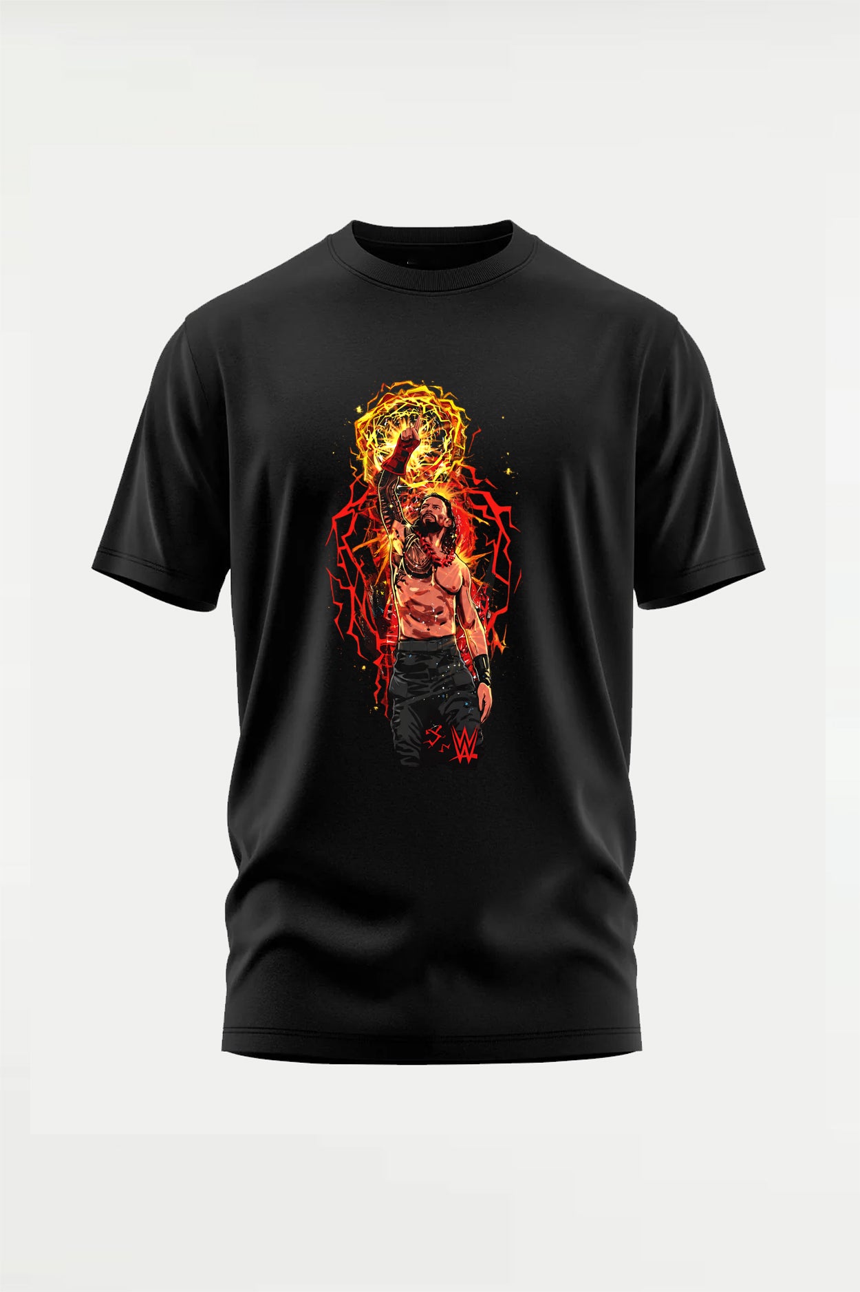 Roman Reigns Aura Cartoon T-Shirt featuring stylized Tribal Chief artwork on the front at wrestlehub.in