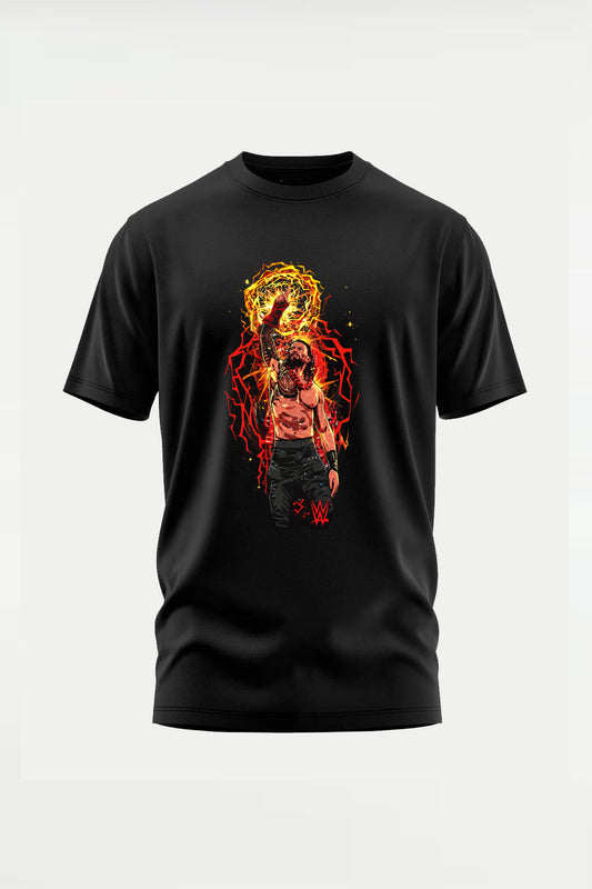 Roman Reigns Aura Cartoon T-Shirt featuring stylized Tribal Chief artwork on the front at wrestlehub.in