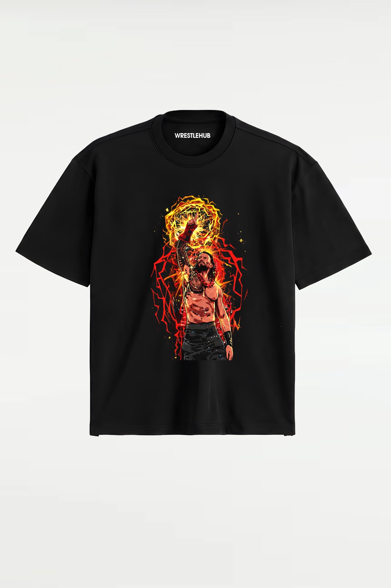 Roman Reigns Aura Cartoon T-Shirt featuring stylized Tribal Chief artwork on the front and "The Only True Champion OTC" graphic on the back - WWE fan graphic tee in black.