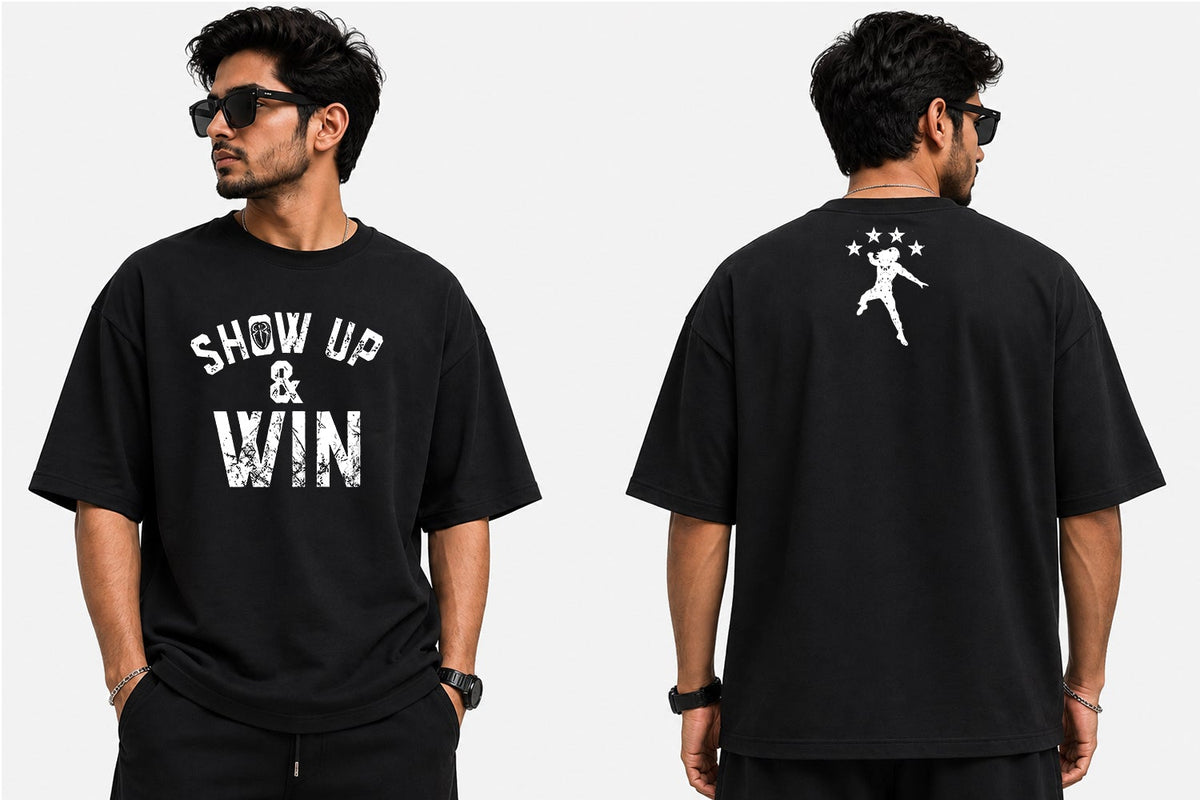 Show Up & Win wrestling-inspired oversized graphic T-shirt featuring bold motivational artwork and modern streetwear styling by WrestleHub.