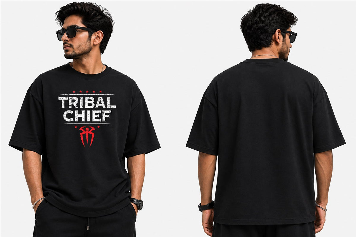 Tribal Chief wrestling-inspired oversized graphic T-shirt featuring bold tribal artwork and modern streetwear styling for wrestling fans by WrestleHub.