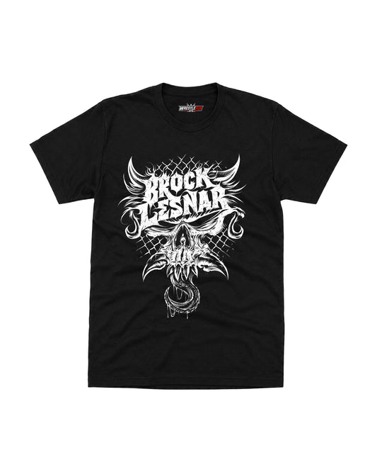 Black wrestling T-shirt with white skull, distressed lettering and chain-link graphic
