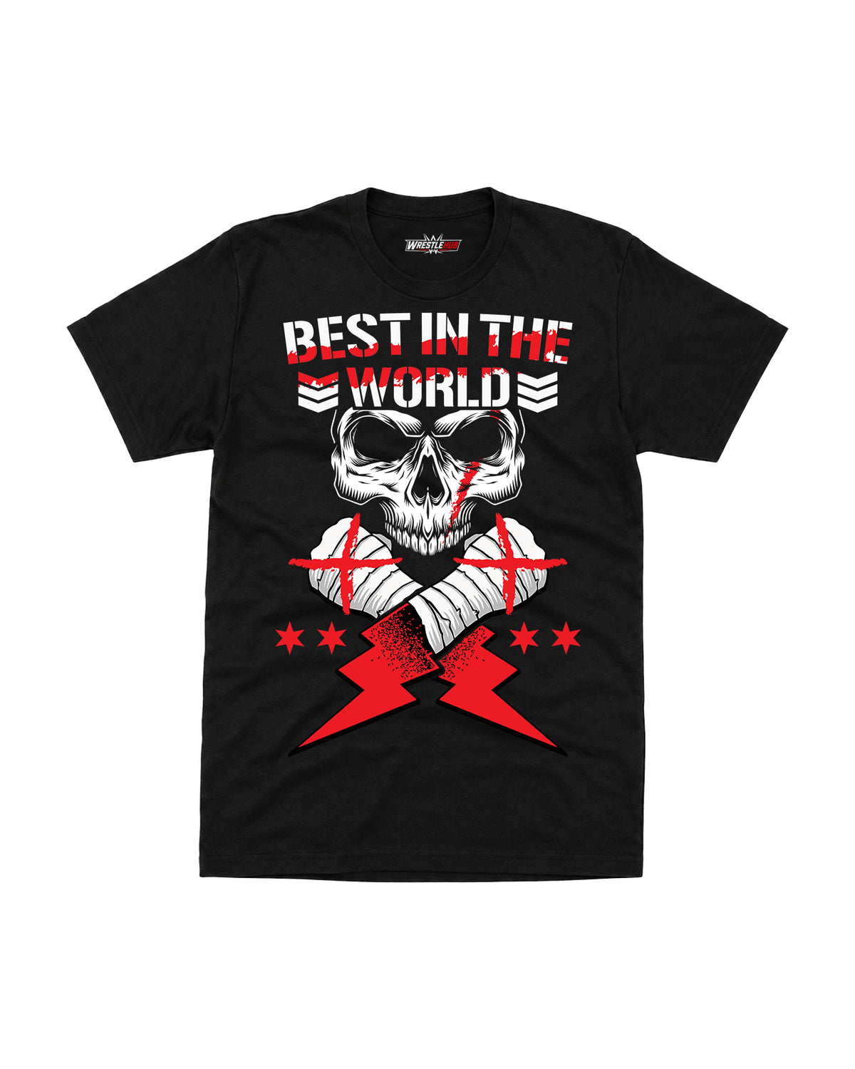 Best in the World skull wrestling inspired black graphic t-shirt with skull artwork, taped fists and lightning design front view | WrestleHub India