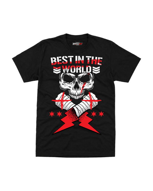Best in the World skull wrestling inspired black graphic t-shirt with skull artwork, taped fists and lightning design front view | WrestleHub India