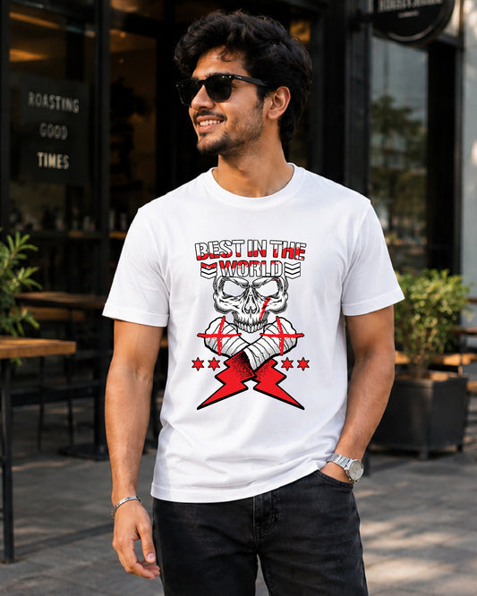Best in the World skull wrestling inspired white graphic t-shirt with skull artwork, taped fists and lightning graphics front view | WrestleHub India