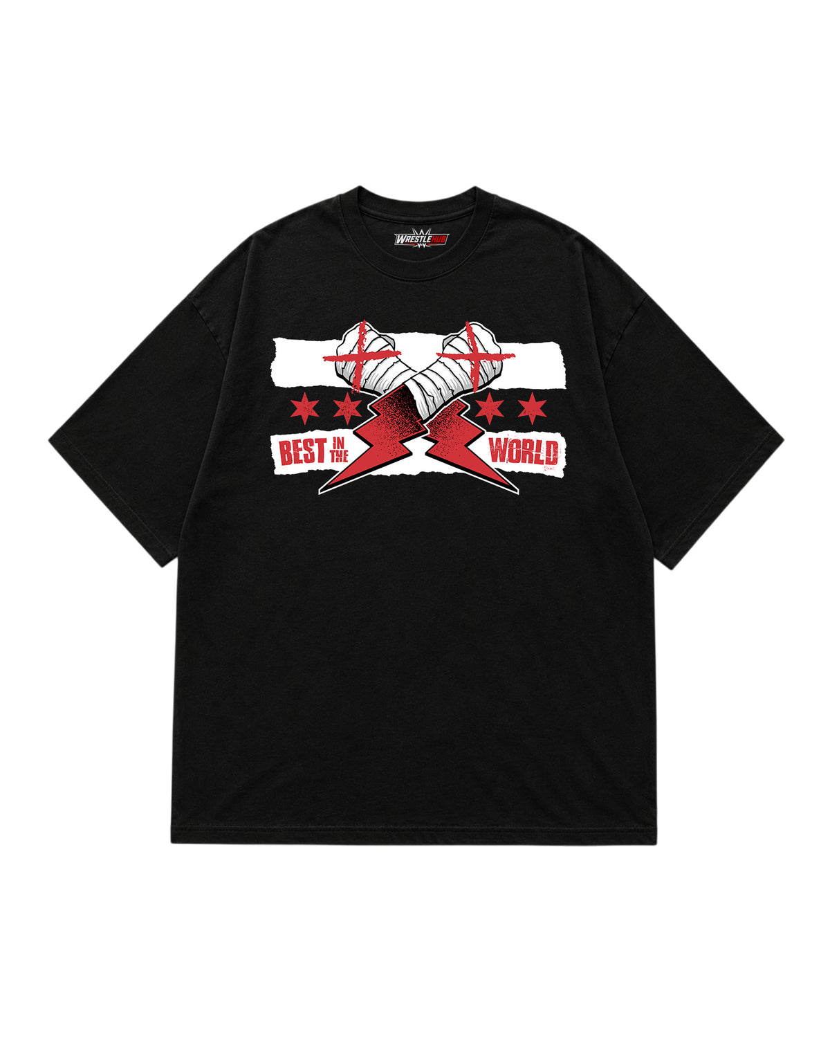 Best in the World wrestling inspired graphic t-shirt front with crossed hands and red white artwork