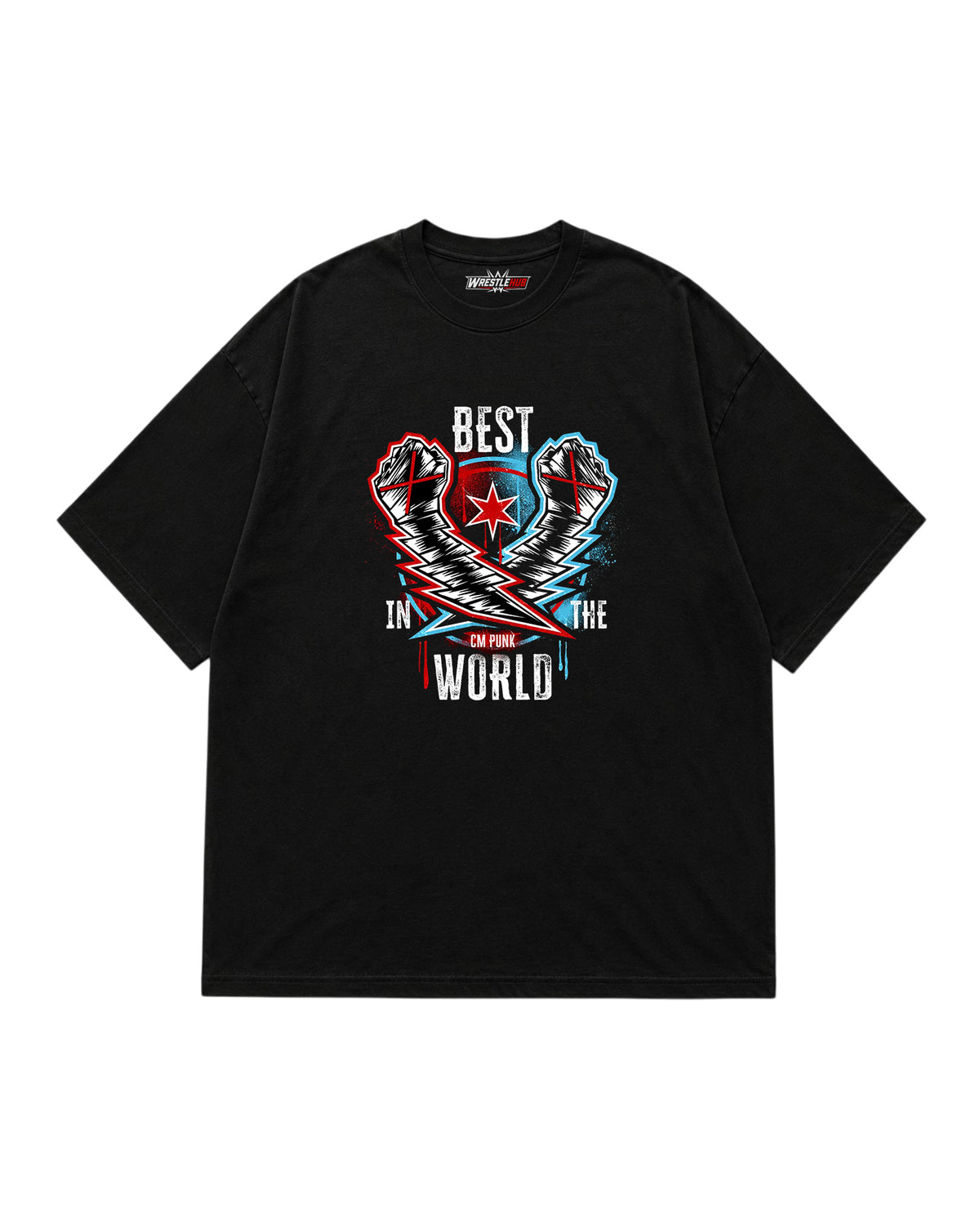 Best in the World wrestling inspired graphic t-shirt front with crossed fists and star artwork
