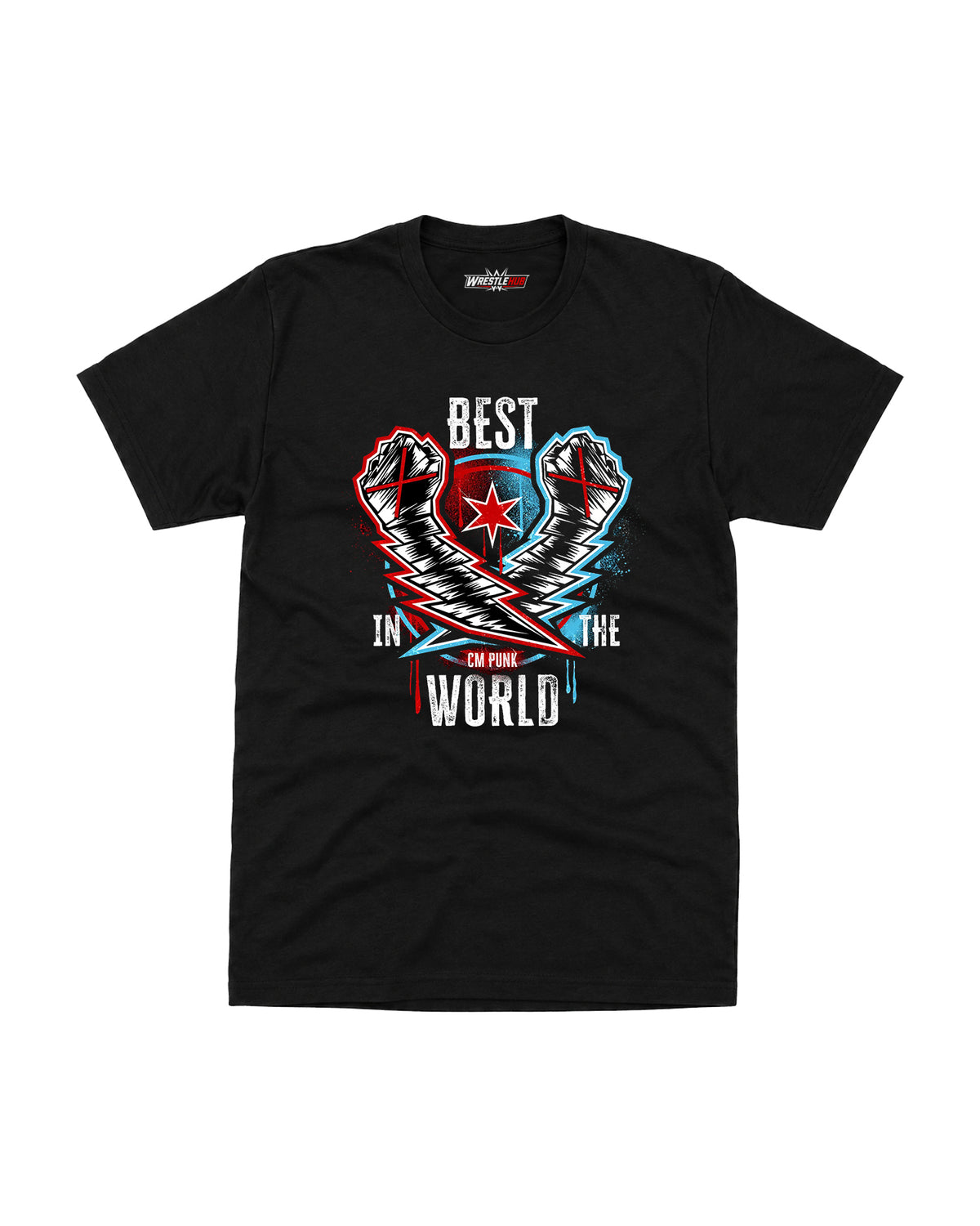 Best in the World wrestling inspired black graphic t-shirt with crossed taped fists, lightning artwork and distressed typography front view | WrestleHub India