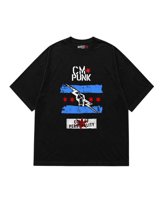 black pro wrestling inspired graphic t-shirt with blue red white artwork