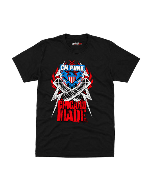 Black CM Punk Chicago Made wrestling graphic T-shirt – front view, fan-inspired streetwear apparel at WrestleHub.