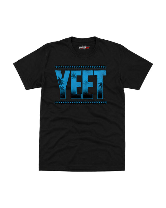 Black wrestling graphic T-shirt with bold blue distressed typography design