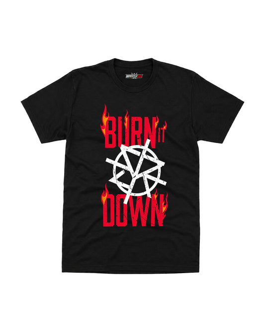 Burn It Down wrestling inspired black graphic t-shirt with flame typography and distressed emblem front view | WrestleHub India