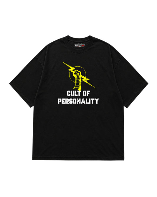 black wrestling inspired Cult of Personality graphic t-shirt with yellow artwork