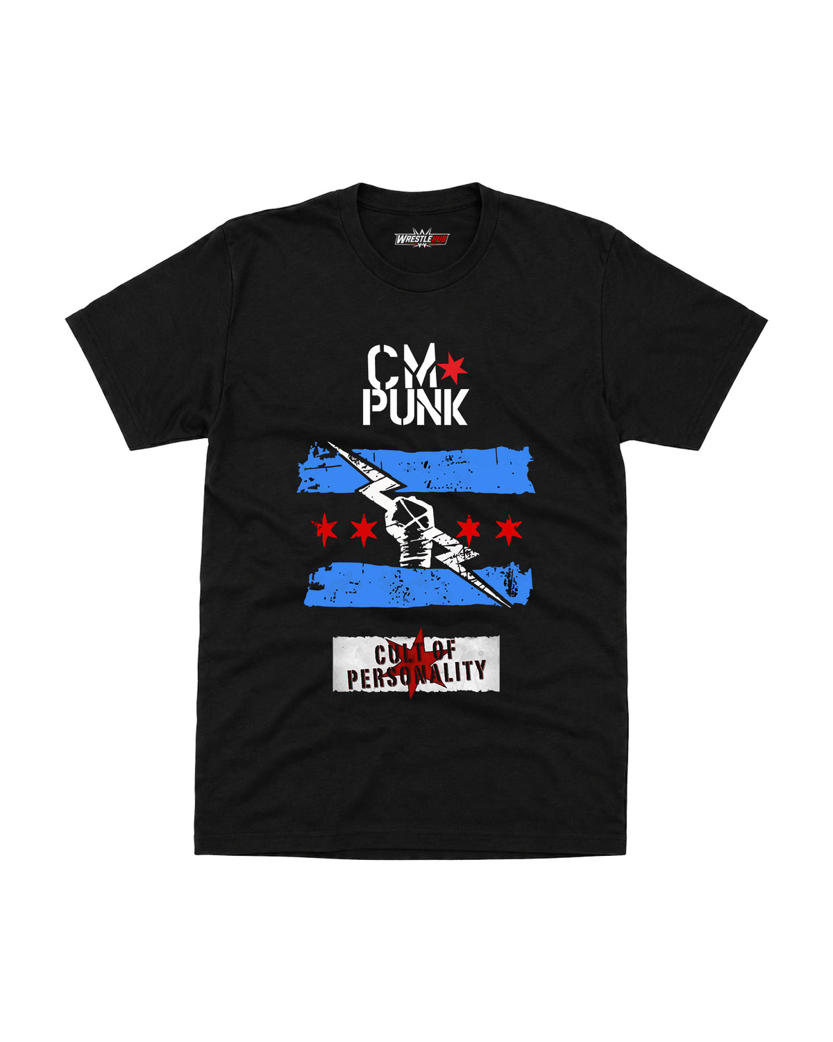 Cult Personality wrestling inspired black graphic t-shirt featuring taped fist, lightning artwork, distressed blue stripes and stars front view | WrestleHub India