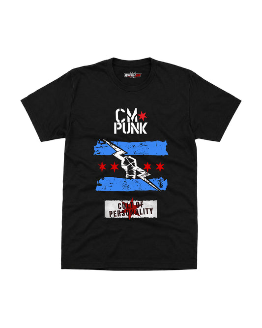 Cult Personality wrestling inspired black graphic t-shirt featuring taped fist, lightning artwork, distressed blue stripes and stars front view | WrestleHub India
