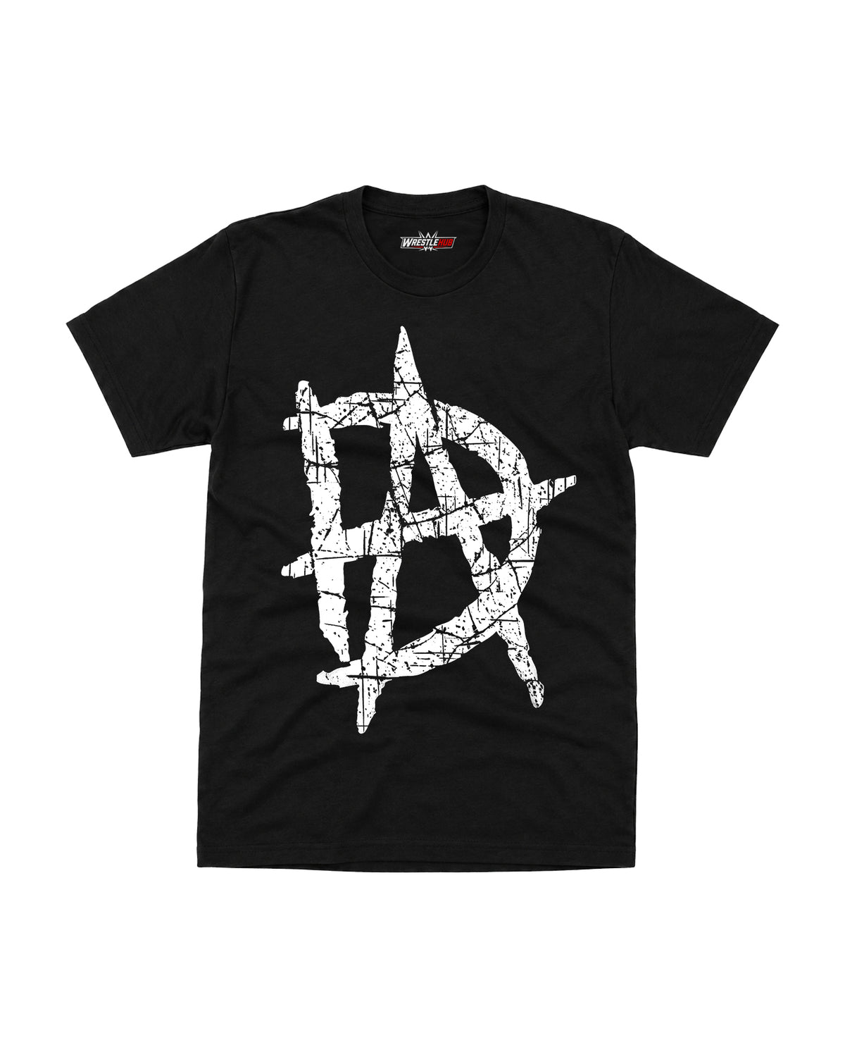 Black distressed graphic t-shirt with large white anarchy-style symbol print, WrestleHub