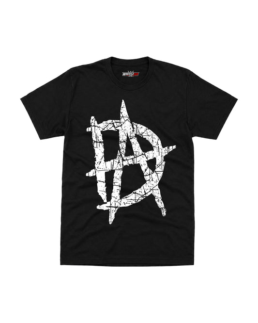 Black distressed graphic t-shirt with large white anarchy-style symbol print, WrestleHub