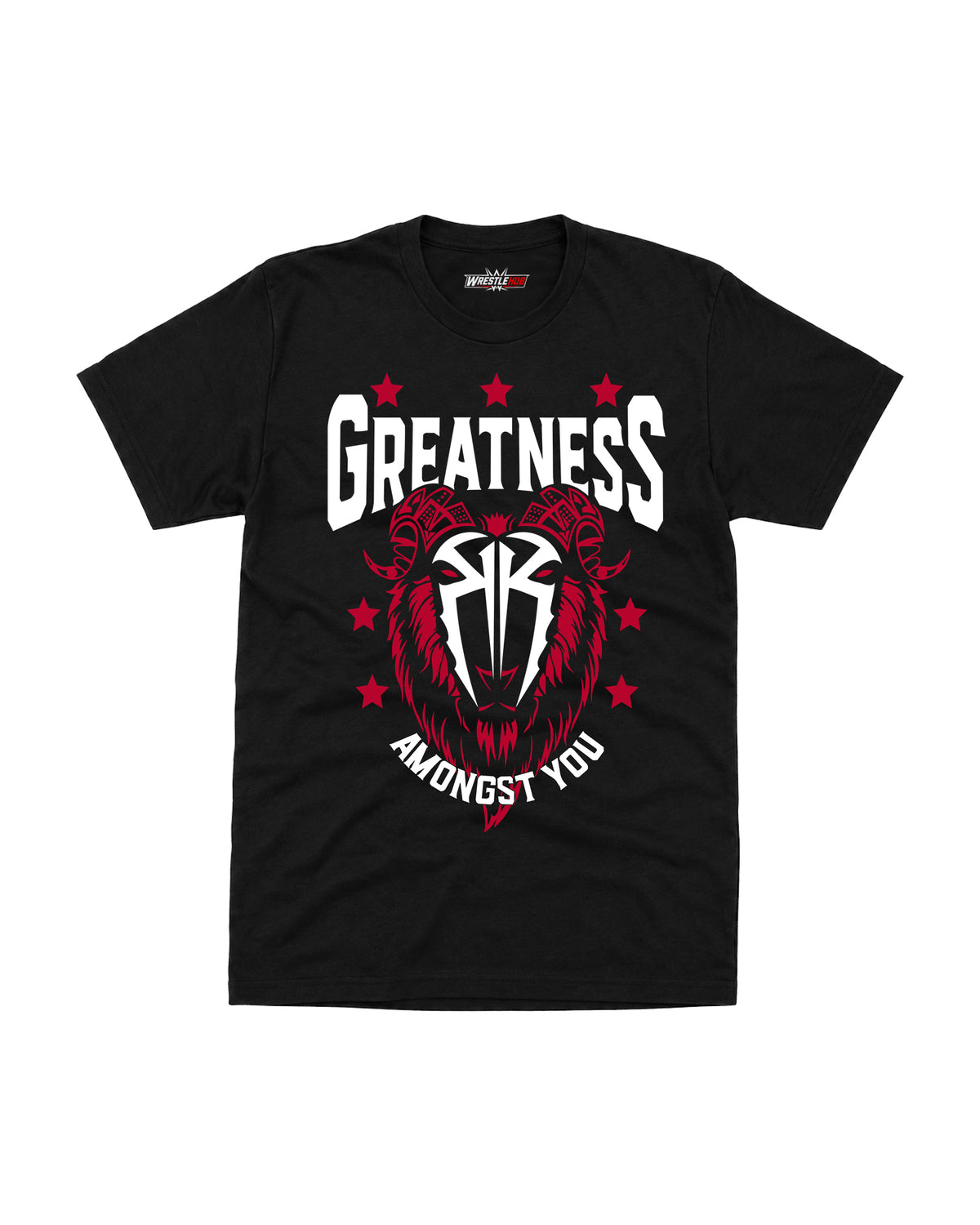 Greatness Amongst You GOAT wrestling inspired black cotton graphic T-shirt with bold athletic artwork front view | WrestleHub India