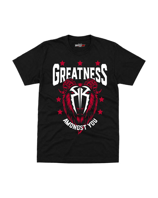 Greatness Amongst You GOAT wrestling inspired black cotton graphic T-shirt with bold athletic artwork front view | WrestleHub India