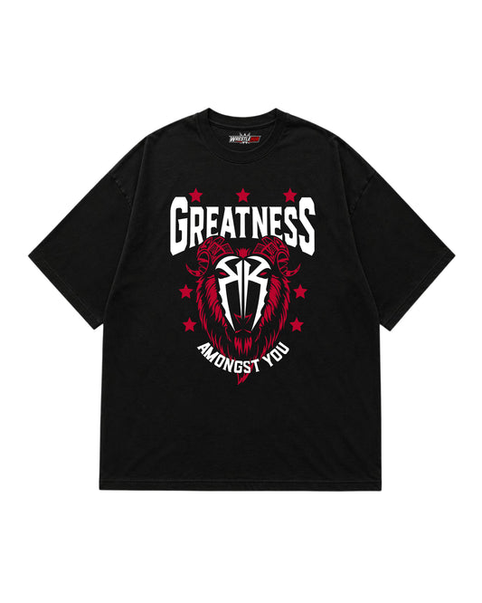 Greatness Amongst You GOAT wrestling inspired graphic T-shirt with bold typography and athletic artwork front view | WrestleHub India
