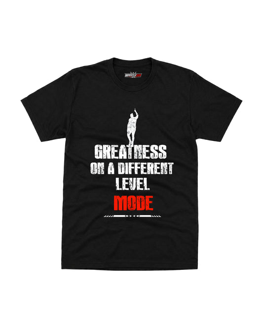 Greatness Level Mode wrestling inspired black graphic T-shirt with motivational typography front view | WrestleHub