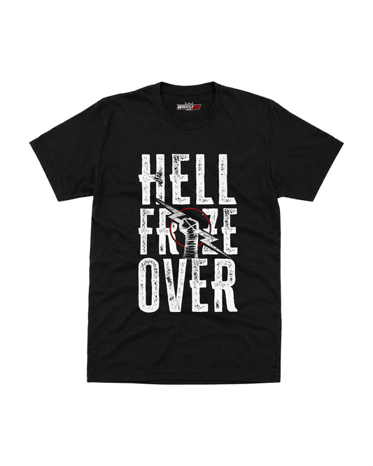 Hell Freeze Over wrestling inspired graphic black t-shirt with distressed typography and raised fist lightning design by WrestleHub