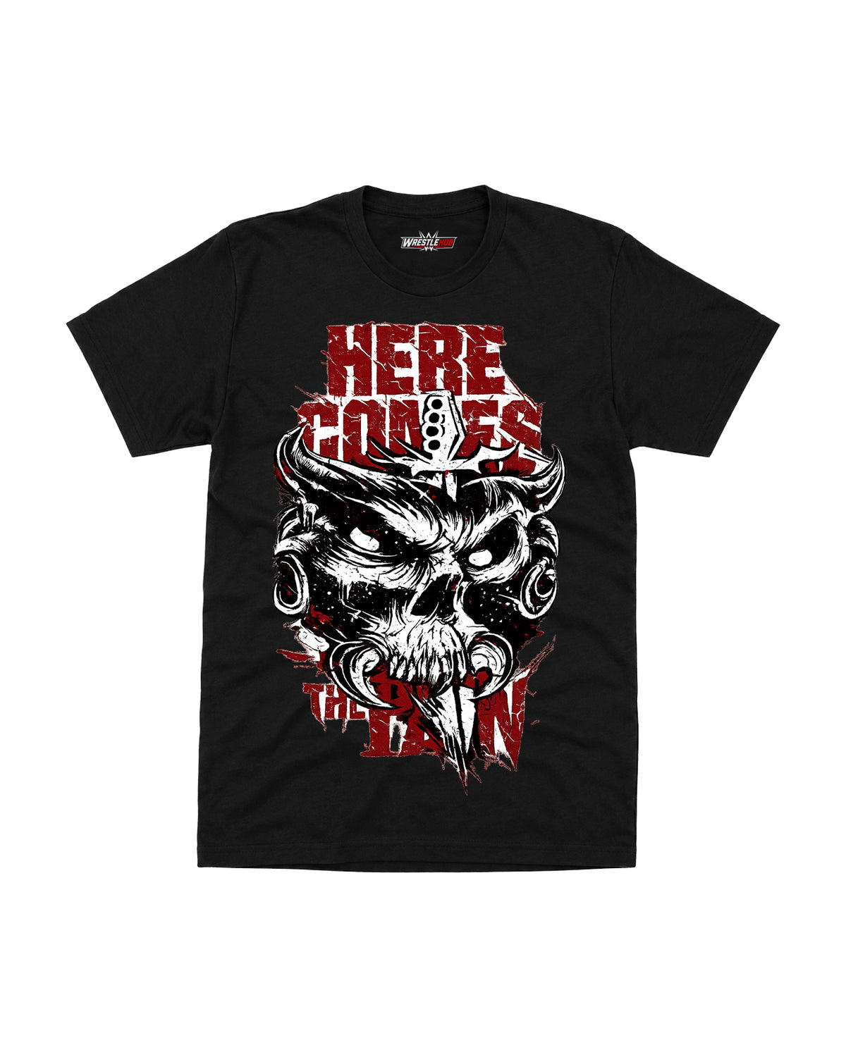 Black Here Comes the Pain wrestling T-shirt with distressed red text and horned skull graphic