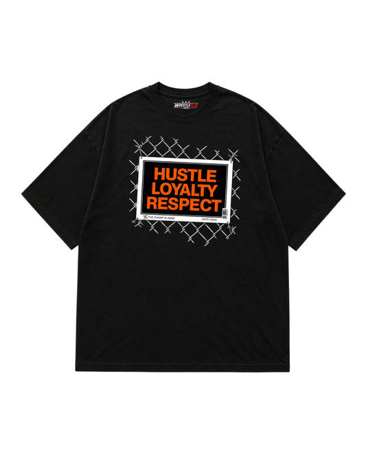 Hustle Loyalty Respect wrestling-inspired graphic t-shirt front print with chain link design