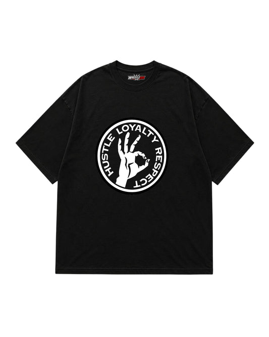 Hustle Loyalty Respect wrestling inspired graphic t-shirt front with circular hand symbol design