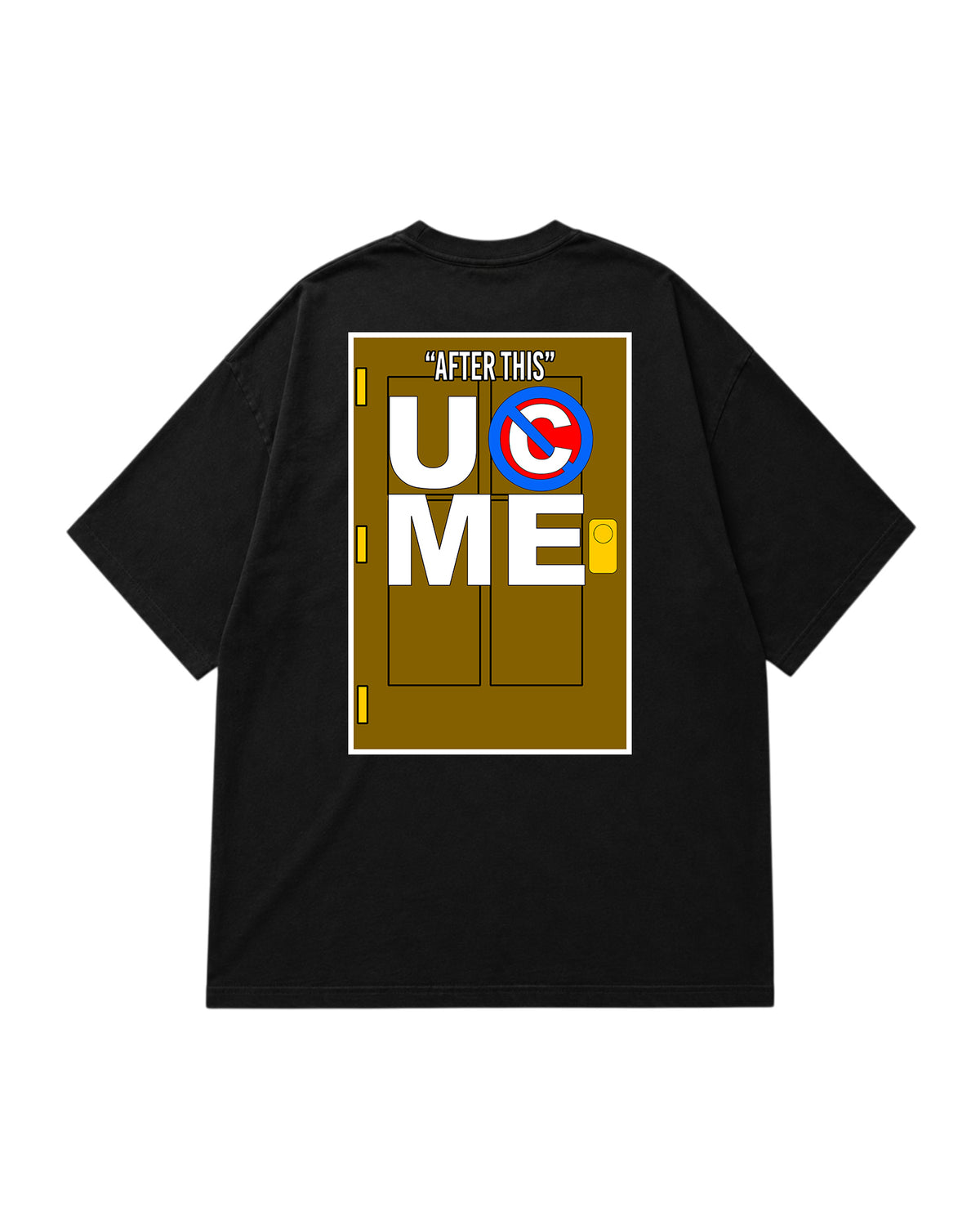Wrestling inspired black graphic t-shirt back with bold retro door typography artwork