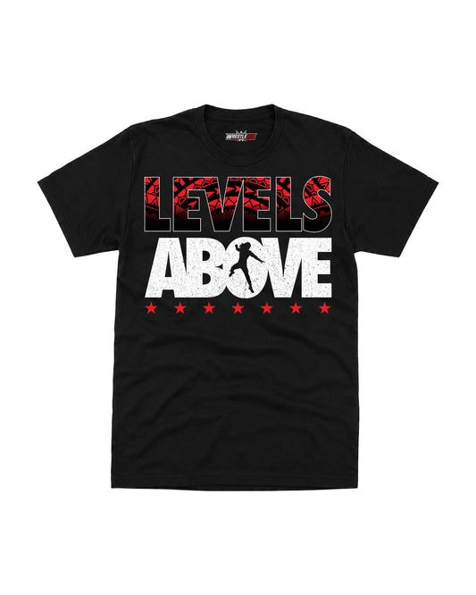 Levels Above wrestling inspired graphic t-shirt with bold typography and athletic artwork front view | WrestleHub India
