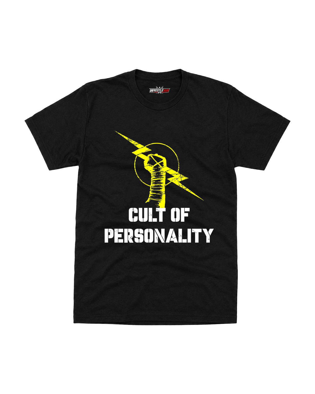 Black wrestling inspired graphic t-shirt featuring taped fist, lightning bolt and bold streetwear artwork front view