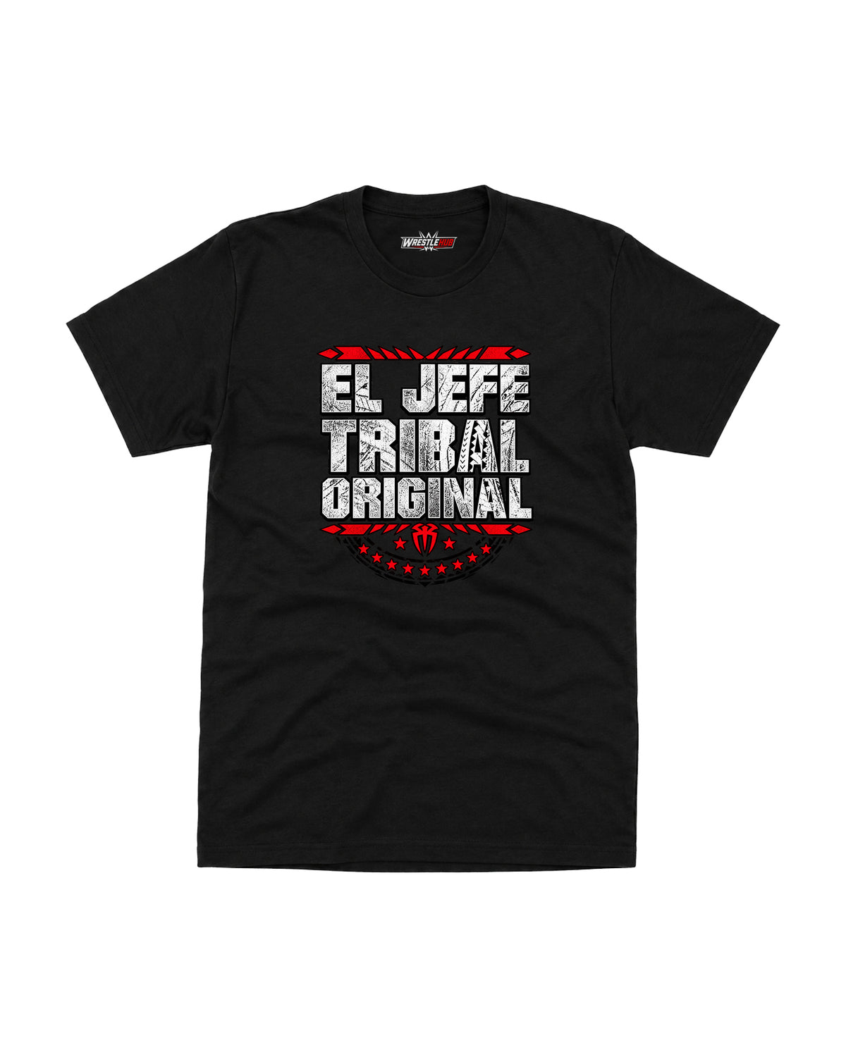 Black Roman Reigns El Jefe Tribal Original T-Shirt for men, front view, black wrestling-inspired graphic tee at WrestleHub.
