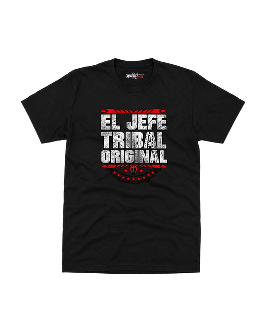 Black Roman Reigns El Jefe Tribal Original T-Shirt for men, front view, black wrestling-inspired graphic tee at WrestleHub.