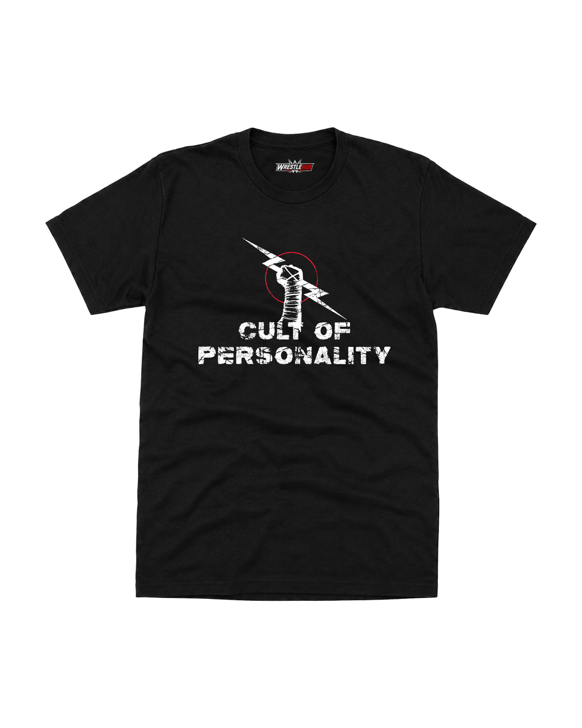 Minimalist wrestling inspired black graphic t-shirt featuring taped fist, lightning bolt artwork and distressed typography front view | WrestleHub India