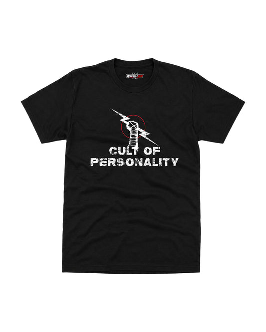Minimalist wrestling inspired black graphic t-shirt featuring taped fist, lightning bolt artwork and distressed typography front view | WrestleHub India