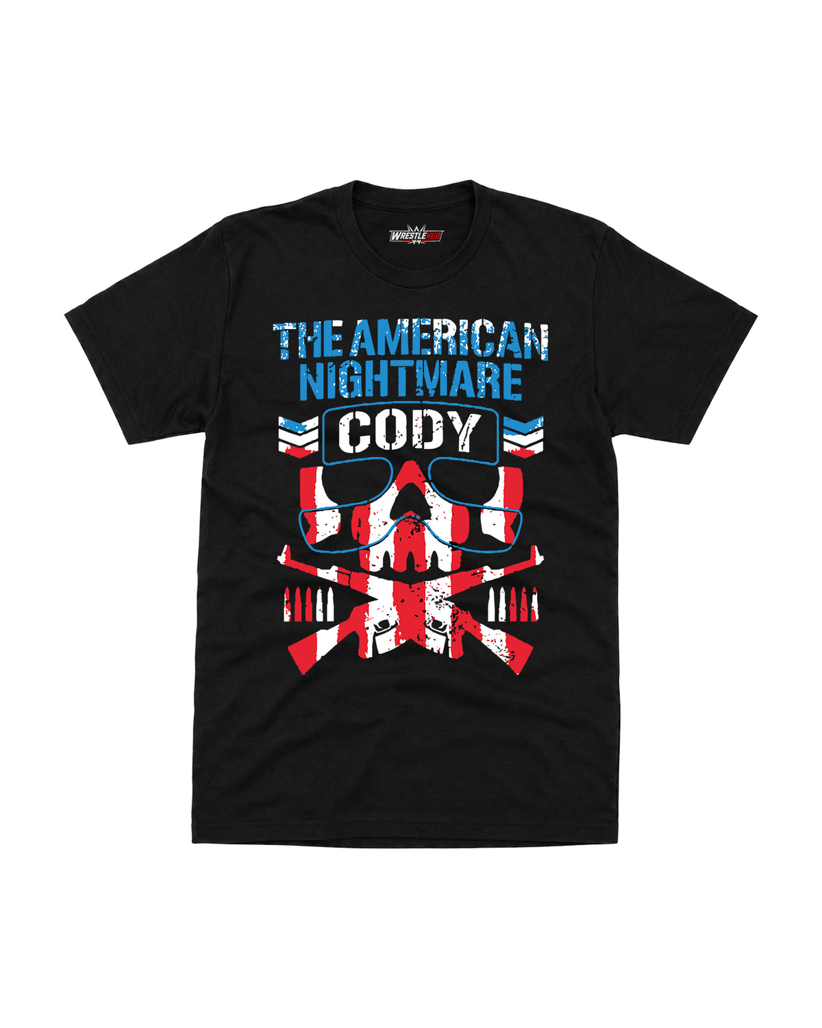 Black wrestling graphic T-shirt with distressed nightmare skull design in red white and blue