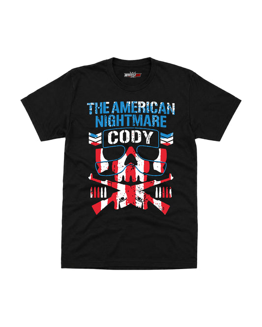 Black wrestling graphic T-shirt with distressed nightmare skull design in red white and blue