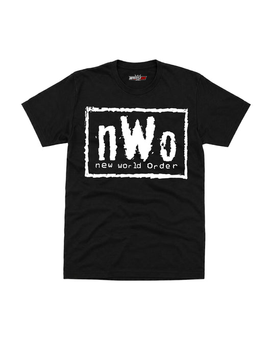 Black NWO New World Order graphic wrestling T-shirt with white distressed print