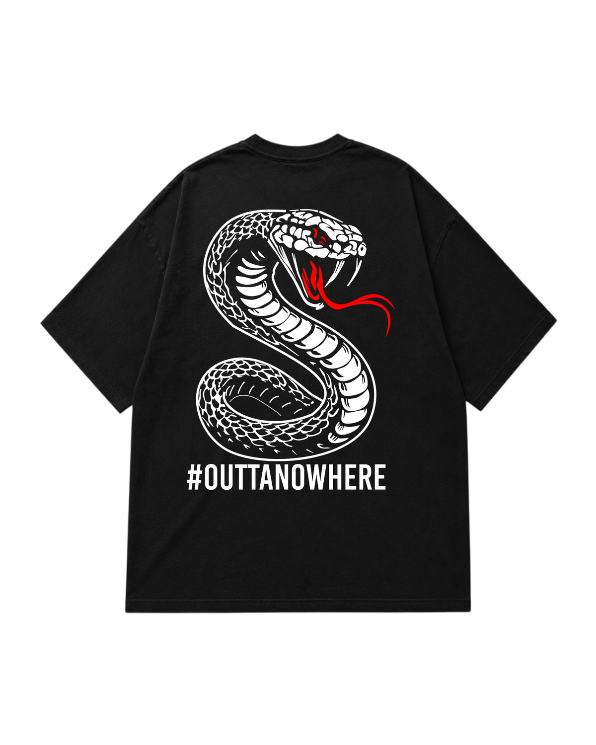 black wrestling inspired t-shirt with large snake graphic and Outta Nowhere text