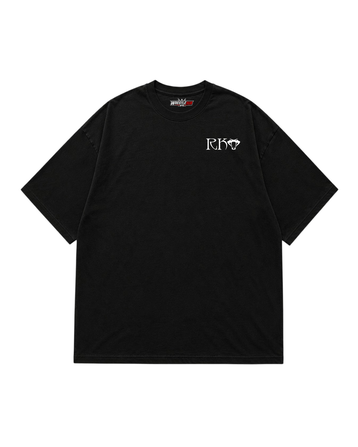 black wrestling inspired t-shirt with minimal RKO style chest graphic